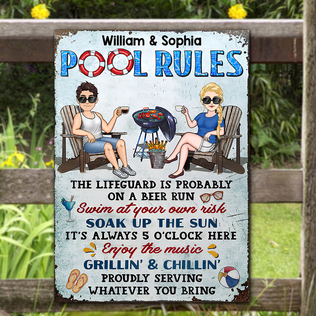 Pool Rules Swim At Your Own Risk - Personalized Backyard Rectangle Metal Sign