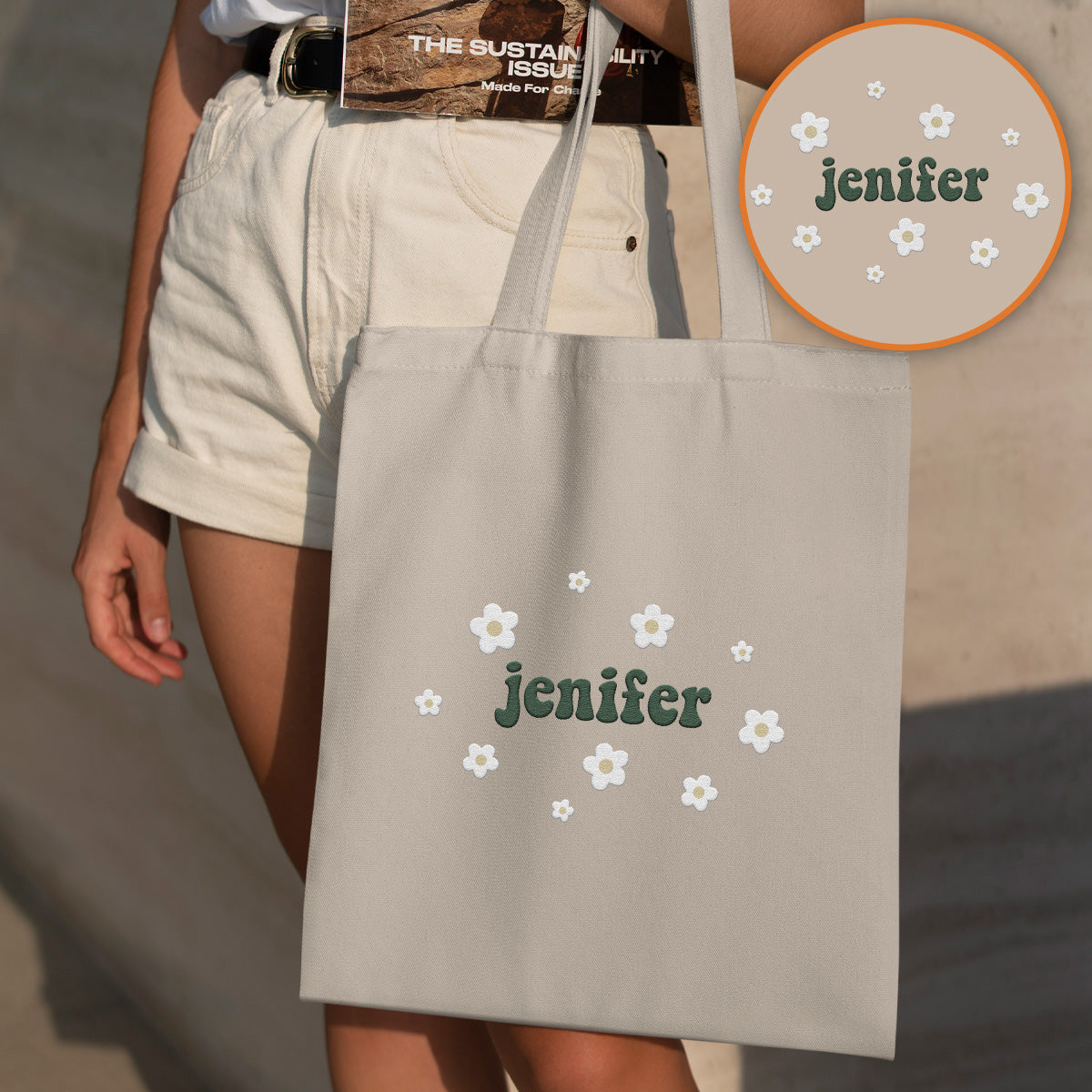 Custom Name With Flower - Personalized Couple Embroidered Tote Bag