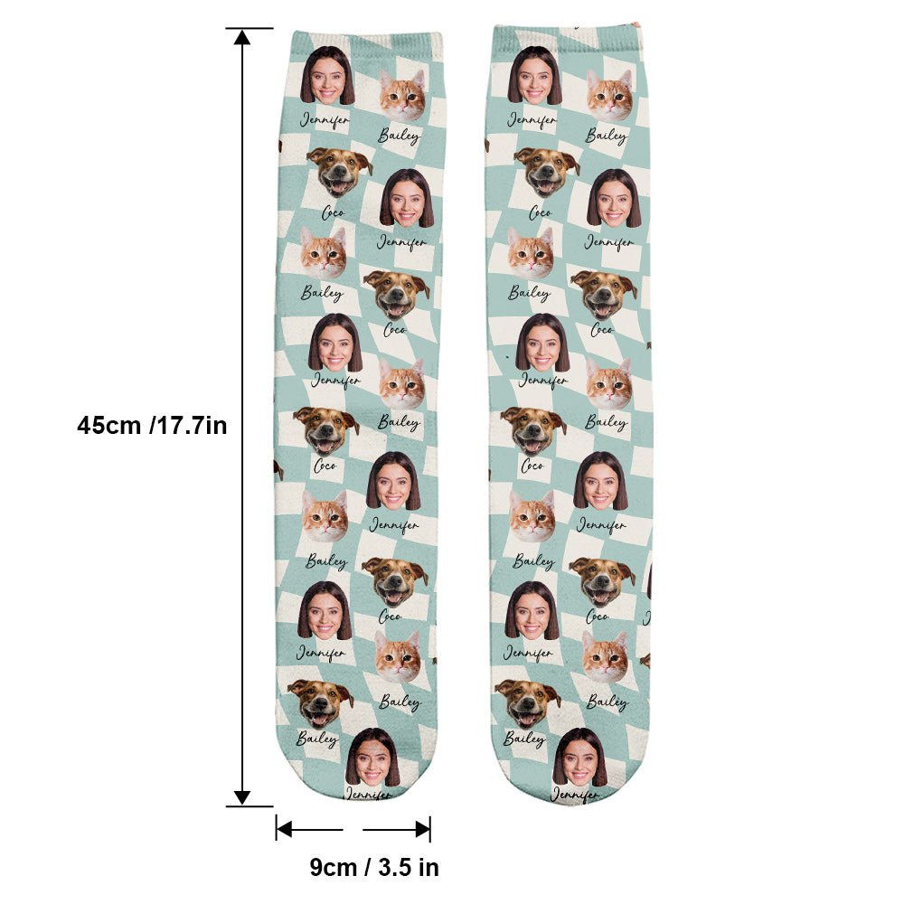 Any Photo Upload On Plaid Pattern With Many Background Color - Personalized Cat Socks