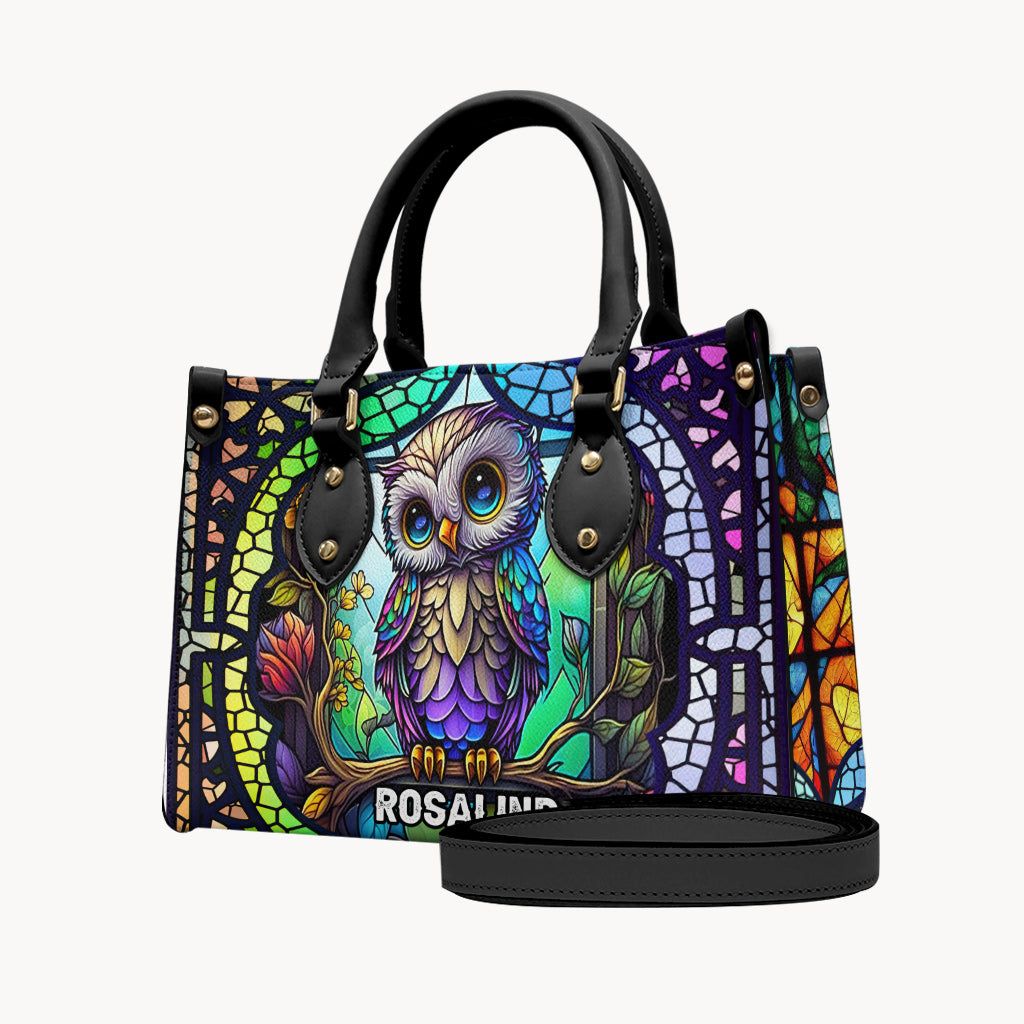Cute Owl Stained Glass - Personalized Owl Leather Handbag