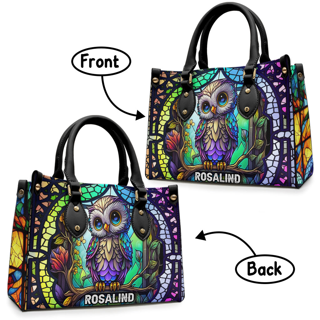 Cute Owl Stained Glass - Personalized Owl Leather Handbag