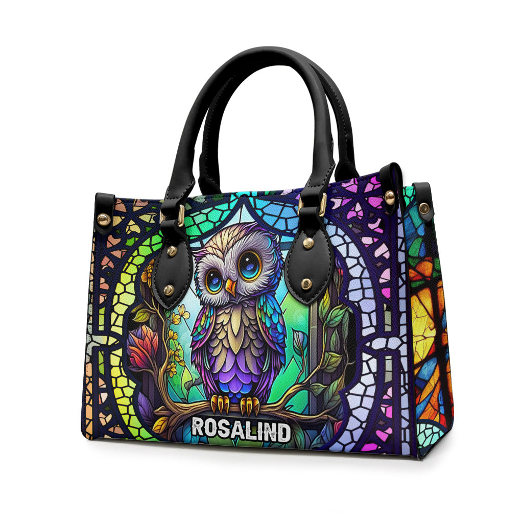 Cute Owl Stained Glass - Personalized Owl Leather Handbag