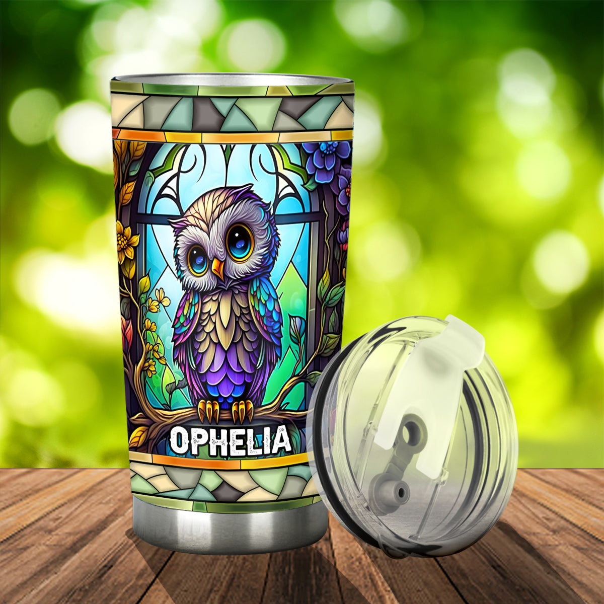 Cute Owl Stained Glass - Personalized Owl Tumbler