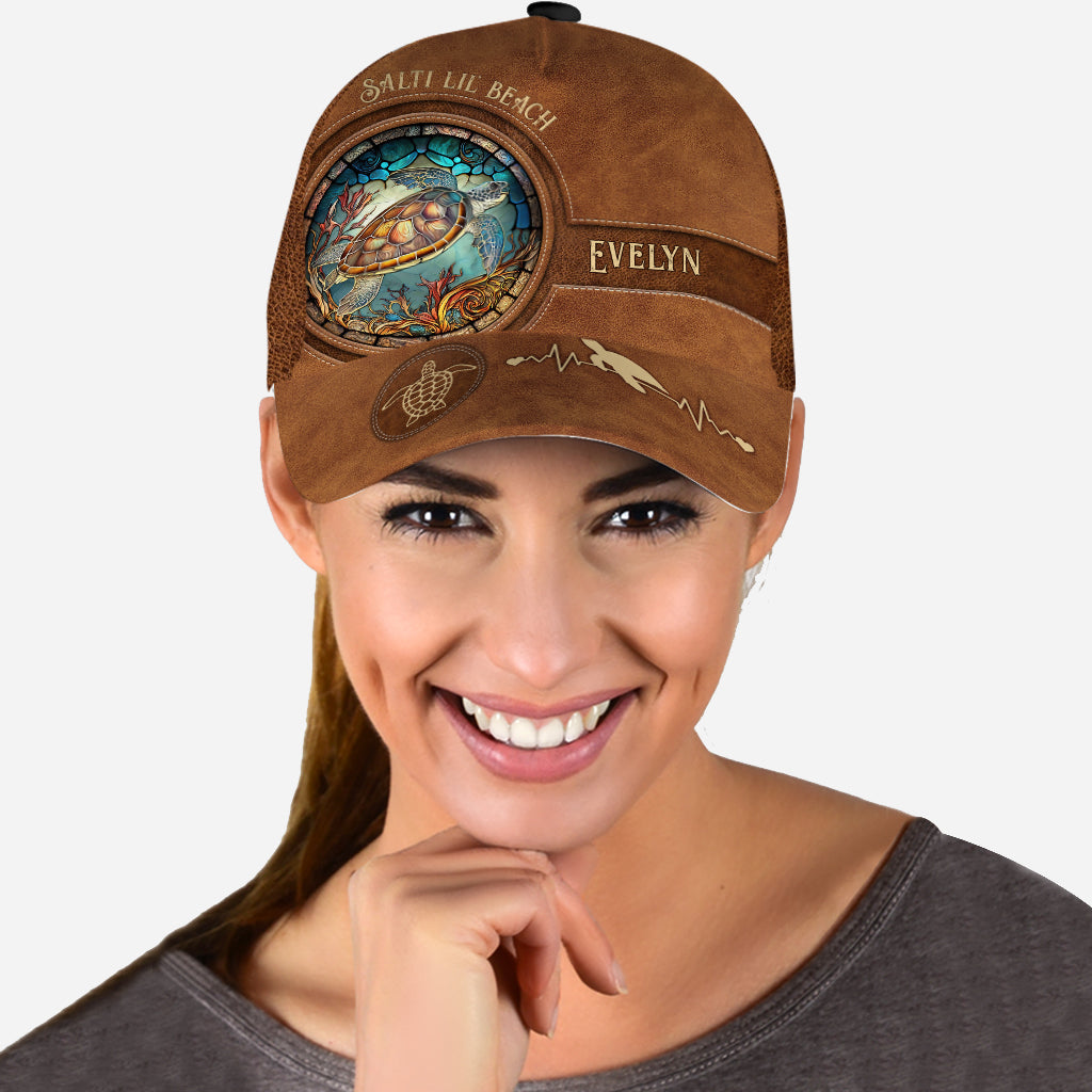 Salty Lil' Beach Sea Turtle Stained Glass - Personalized Turtle Classic Cap