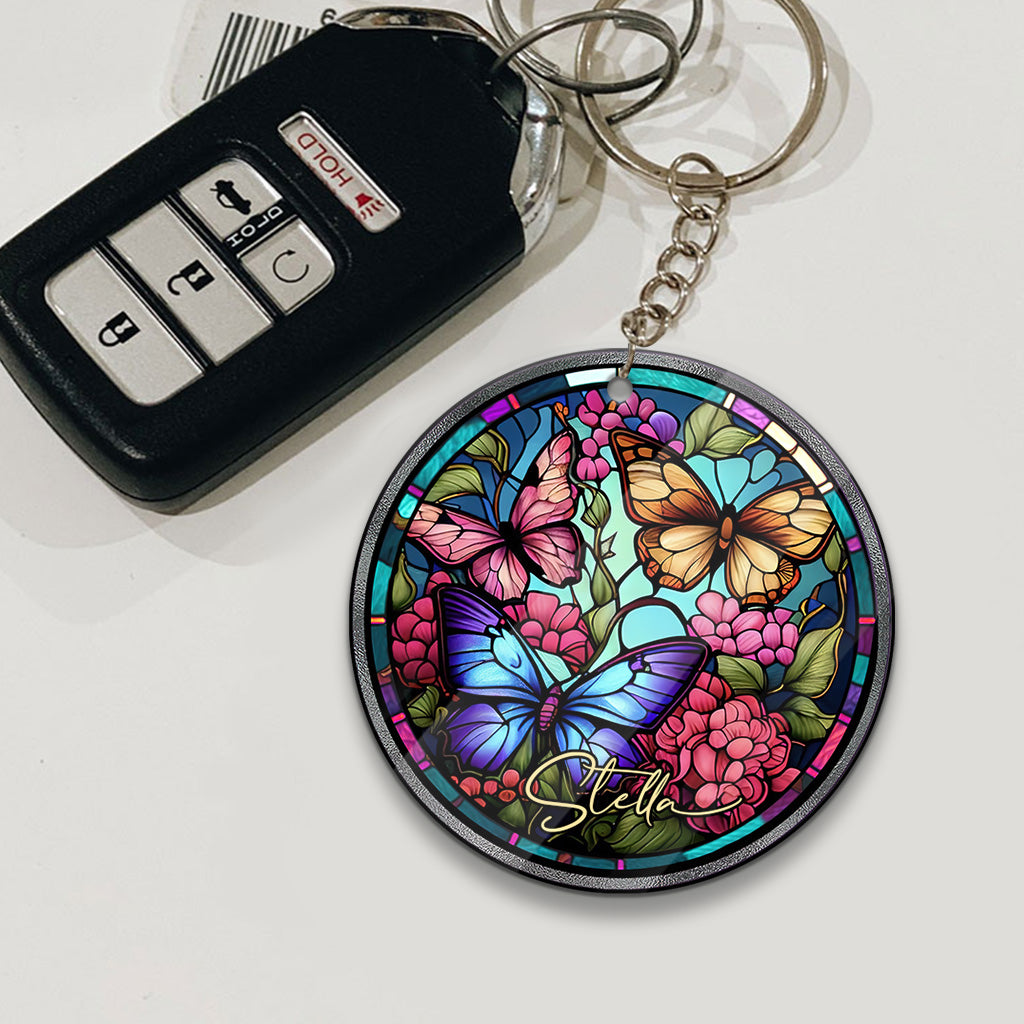 Stained Glass Butterfly - Personalized Butterfly Keychain (Printed On Both Sides)