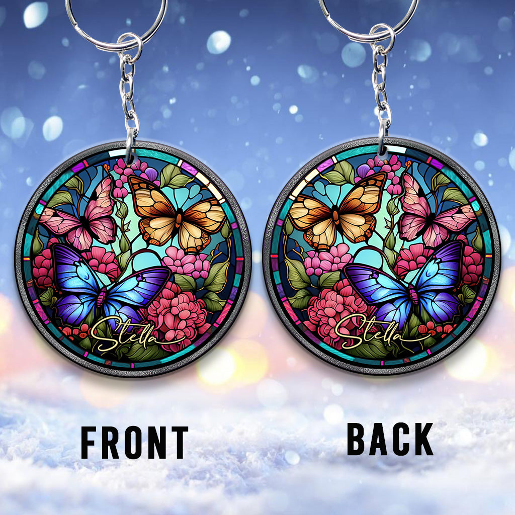 Stained Glass Butterfly - Personalized Butterfly Keychain (Printed On Both Sides)