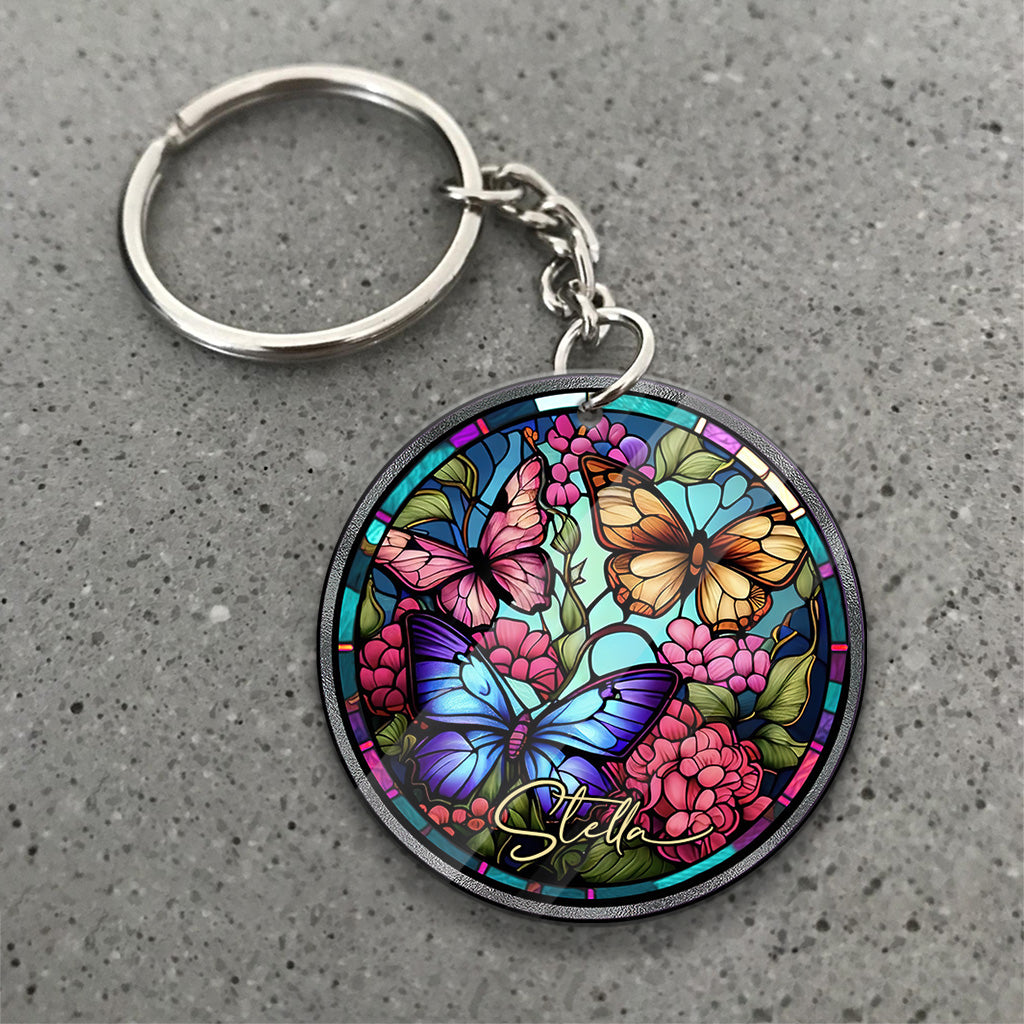 Stained Glass Butterfly - Personalized Butterfly Keychain (Printed On Both Sides)