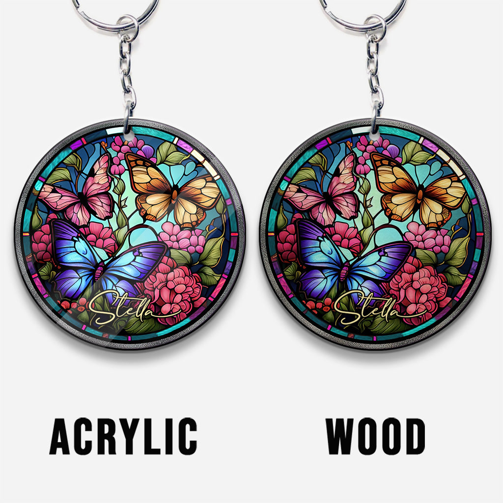 Stained Glass Butterfly - Personalized Butterfly Keychain (Printed On Both Sides)