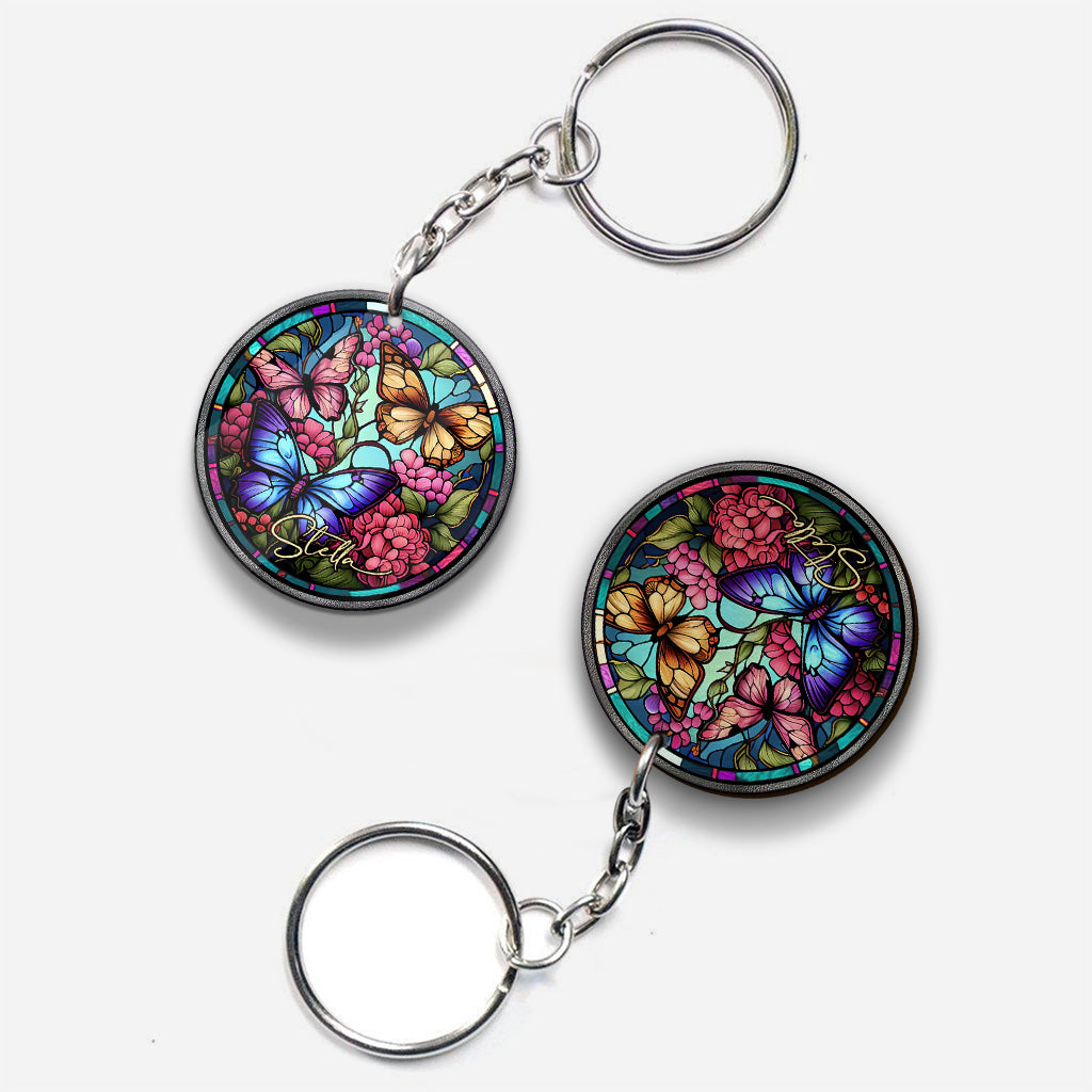 Stained Glass Butterfly - Personalized Butterfly Keychain (Printed On Both Sides)