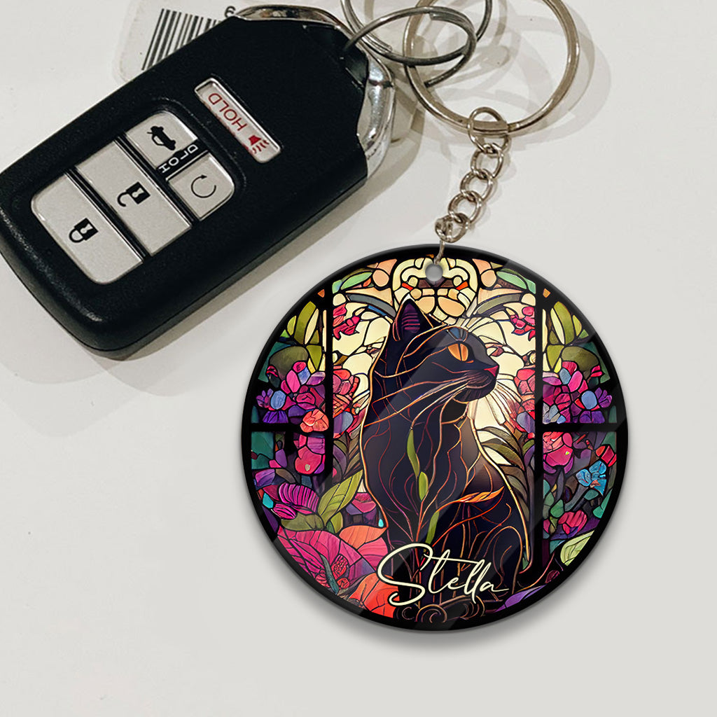 Stained Glass Black Cat - Personalized Black Cat Keychain (Printed On Both Sides)