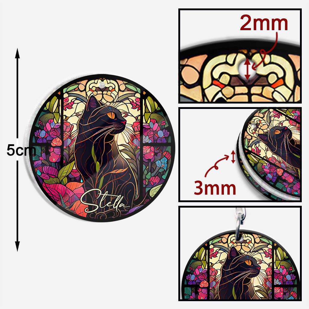 Stained Glass Black Cat - Personalized Black Cat Keychain (Printed On Both Sides)