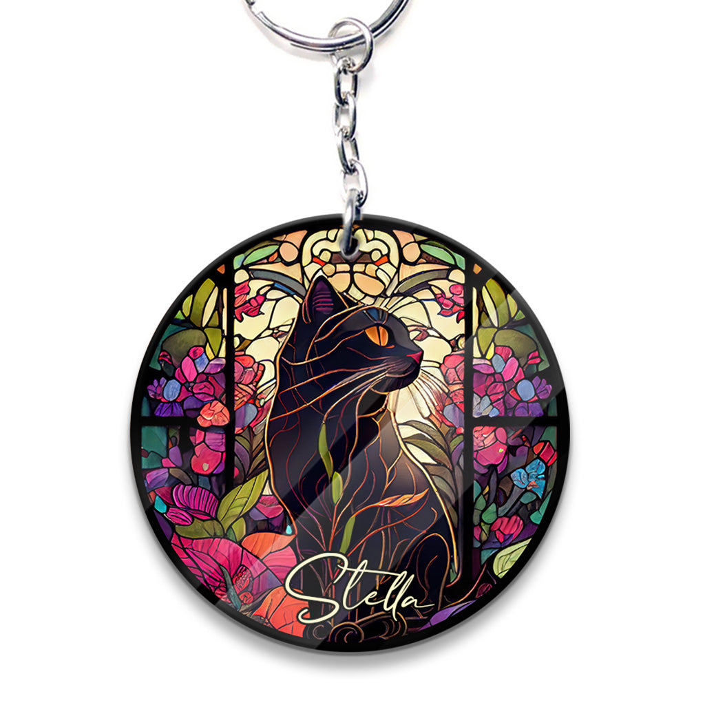 Stained Glass Black Cat - Personalized Black Cat Keychain (Printed On Both Sides)