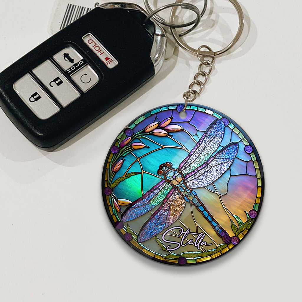 Stained Glass Dragonfly - Personalized Dragonfly Keychain (Printed On Both Sides)