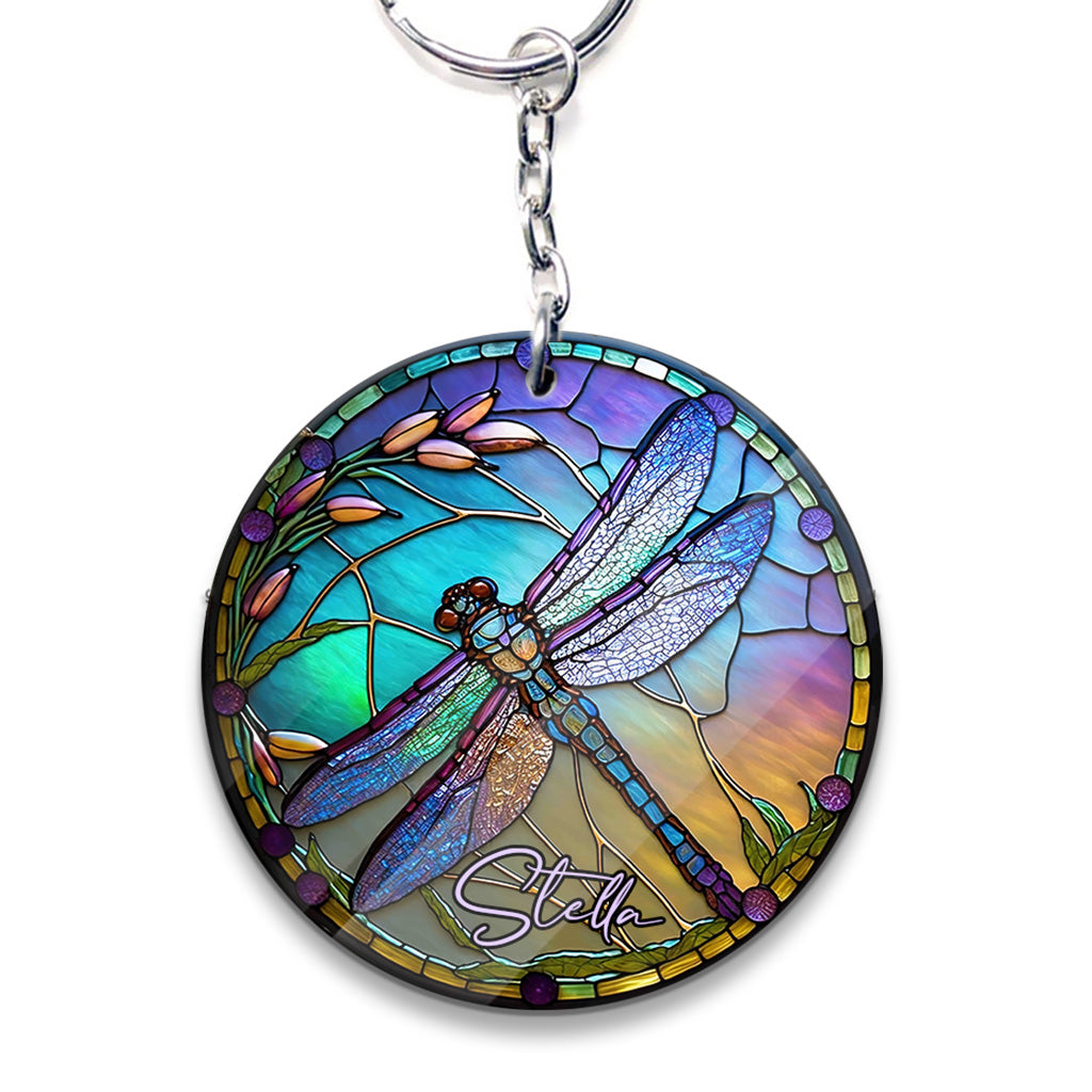 Stained Glass Dragonfly - Personalized Dragonfly Keychain (Printed On Both Sides)