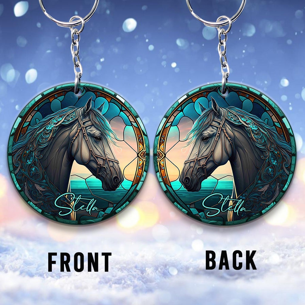 Stained Glass Horse - Personalized Horse Keychain (Printed On Both Sides)
