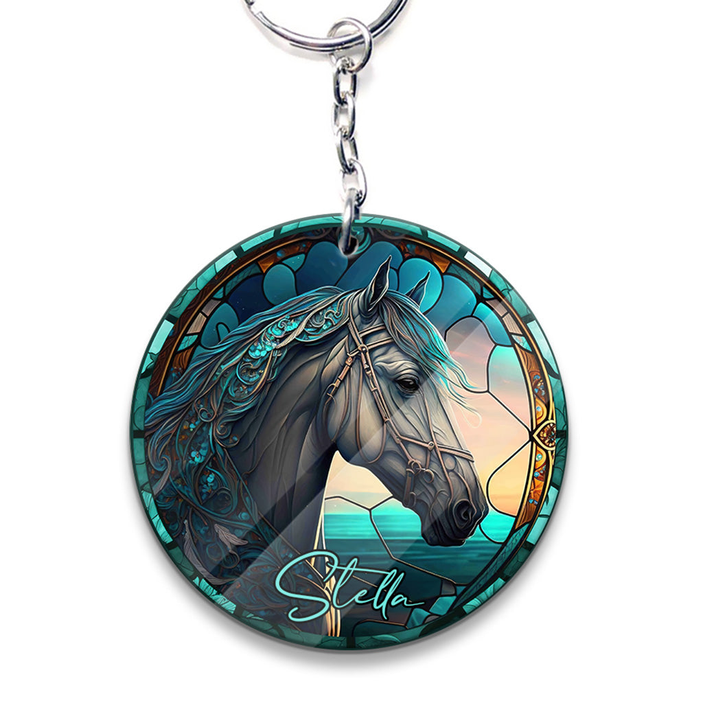 Stained Glass Horse - Personalized Horse Keychain (Printed On Both Sides)