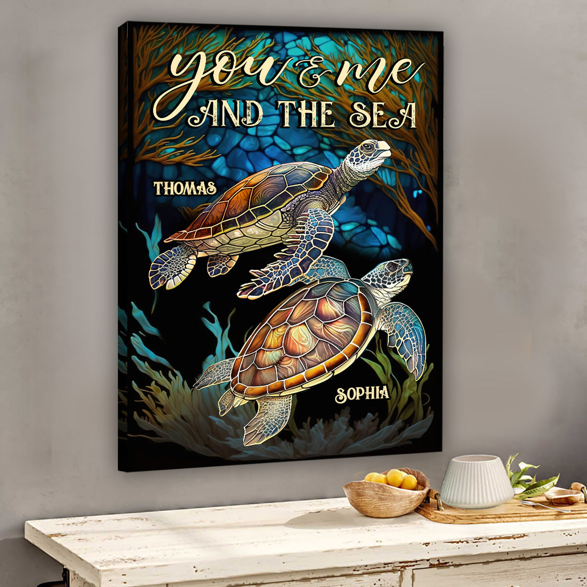 Stained Glass Turtle Couple - Personalized Turtle Canvas and Poster
