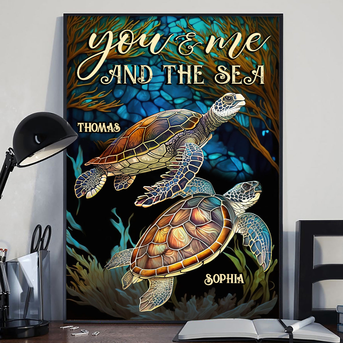 Stained Glass Turtle Couple - Personalized Turtle Canvas and Poster