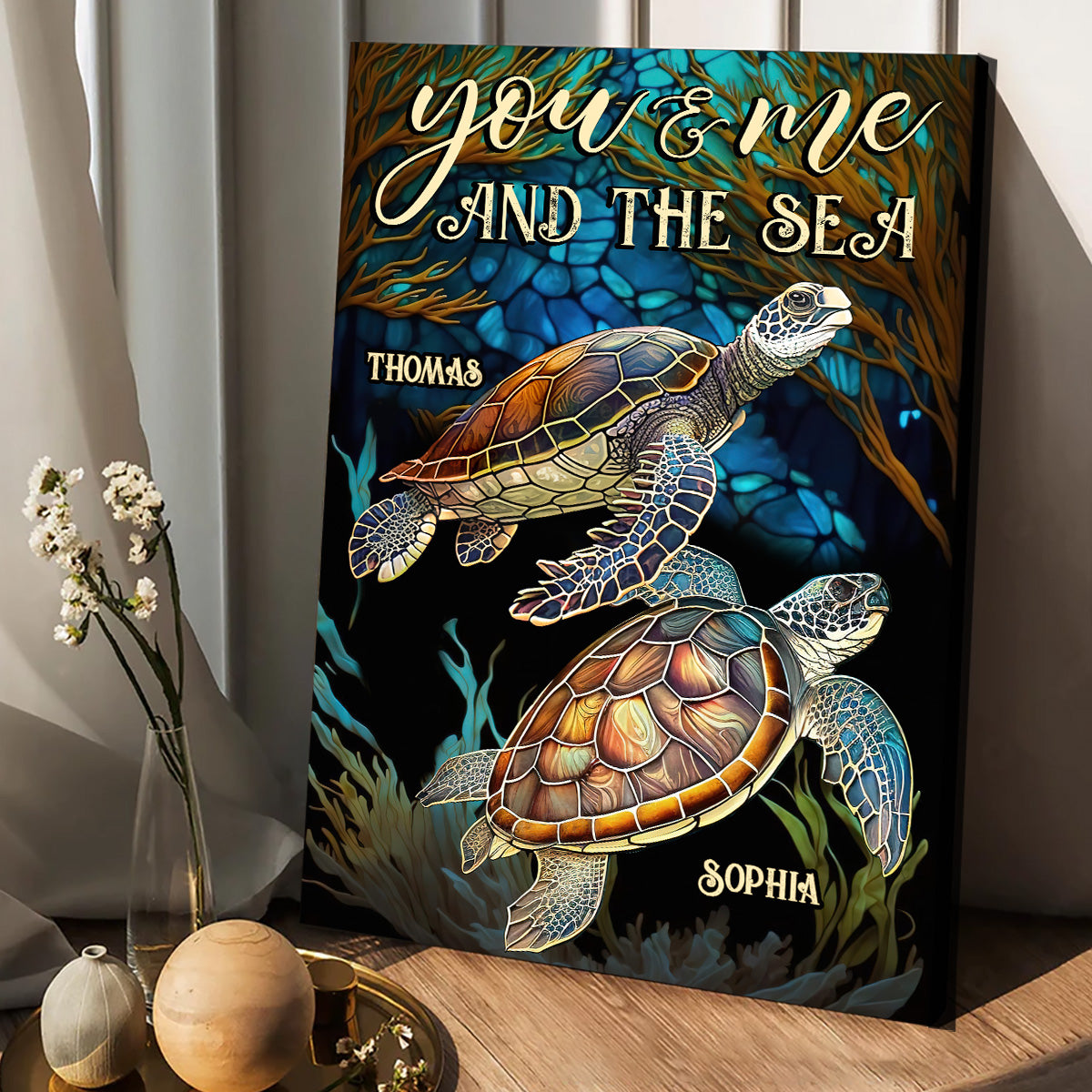 Stained Glass Turtle Couple - Personalized Turtle Canvas and Poster