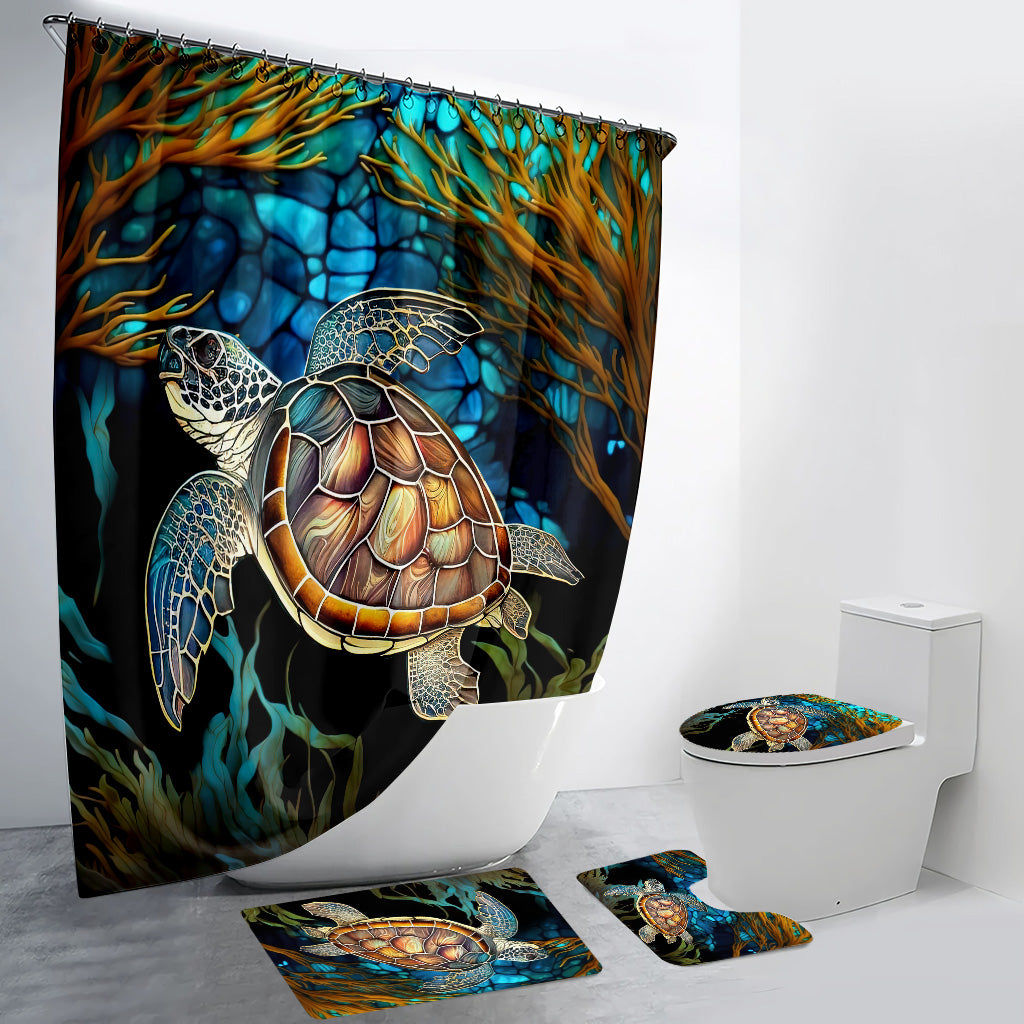 Stained Glass Turtle Couple Turtle Bathroom Curtain & Mats Set