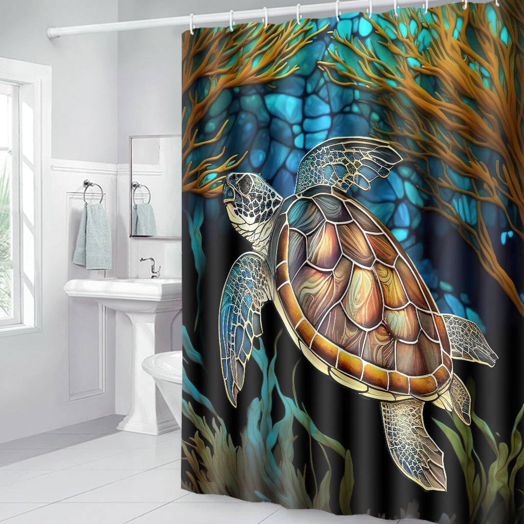 Stained Glass Turtle Couple Turtle Bathroom Curtain & Mats Set