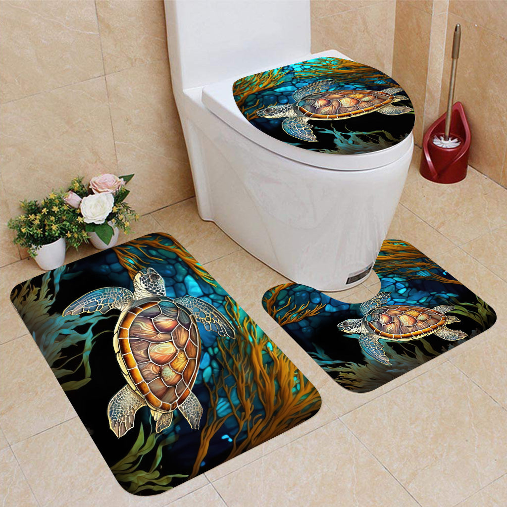 Stained Glass Turtle Couple Turtle Bathroom Curtain & Mats Set