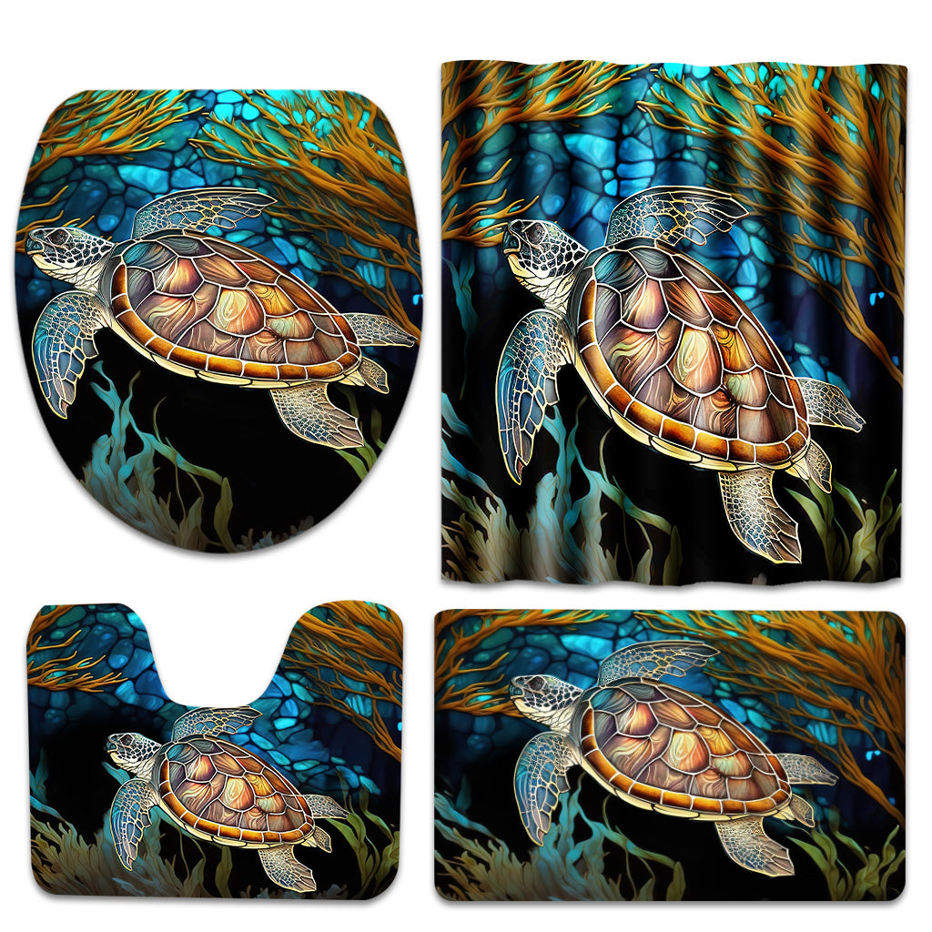 Stained Glass Turtle Couple Turtle Bathroom Curtain & Mats Set