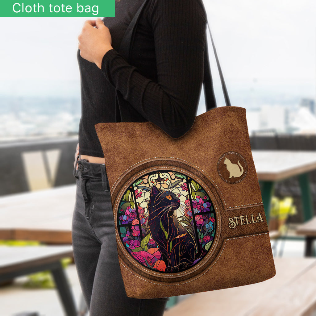 Stained Glass Black Cat - Personalized Black Cat Tote Bag