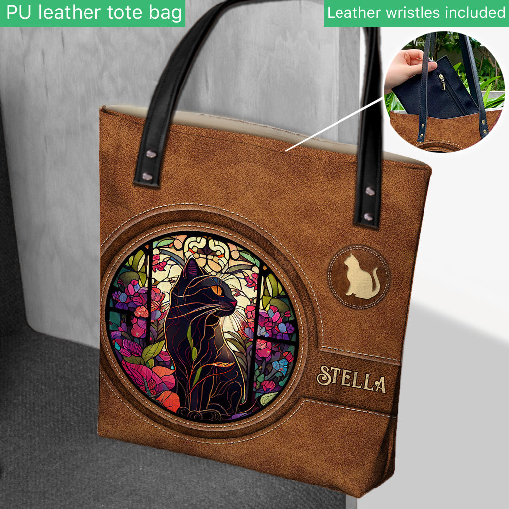 Stained Glass Black Cat - Personalized Black Cat Tote Bag
