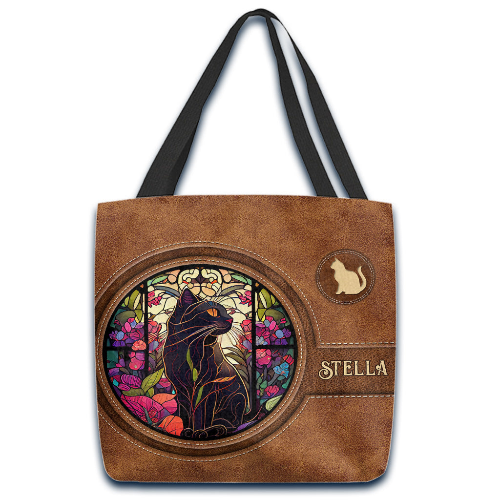 Stained Glass Black Cat - Personalized Black Cat Tote Bag