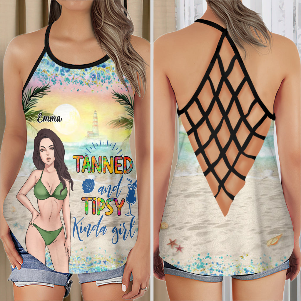 Discover Summer Girl Tanned and Tipsy - Personalized Sea Lover Criss Cross Tank Top