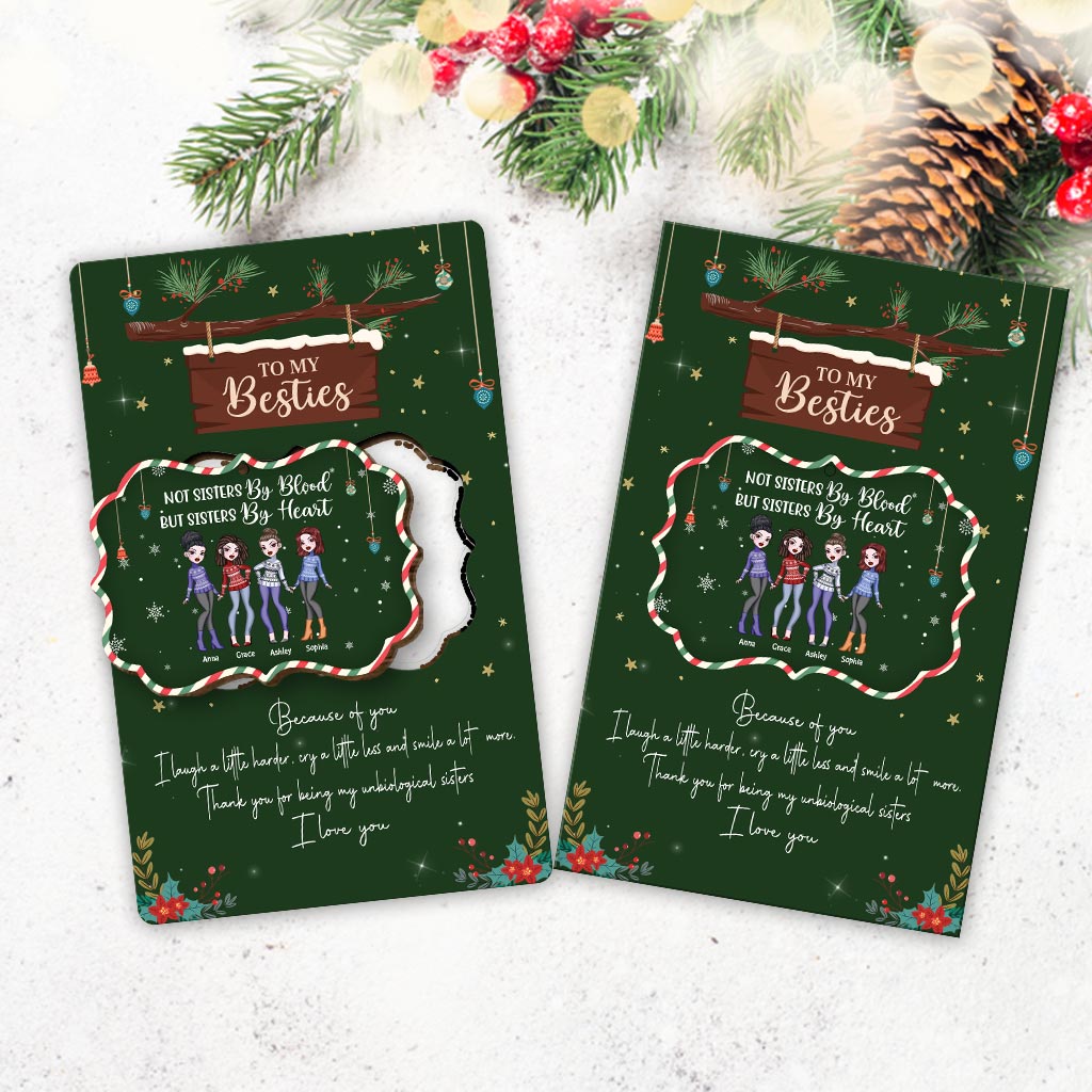 Not Sister By Blood But Sister By Heart - Personalized Christmas Bestie Wooden Card Pop Out Ornament