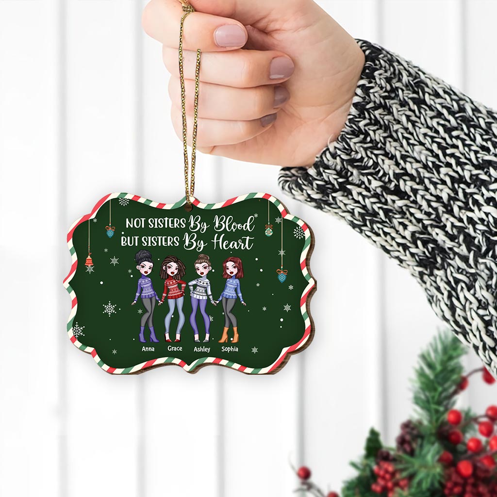 Not Sister By Blood But Sister By Heart - Personalized Christmas Bestie Wooden Card Pop Out Ornament