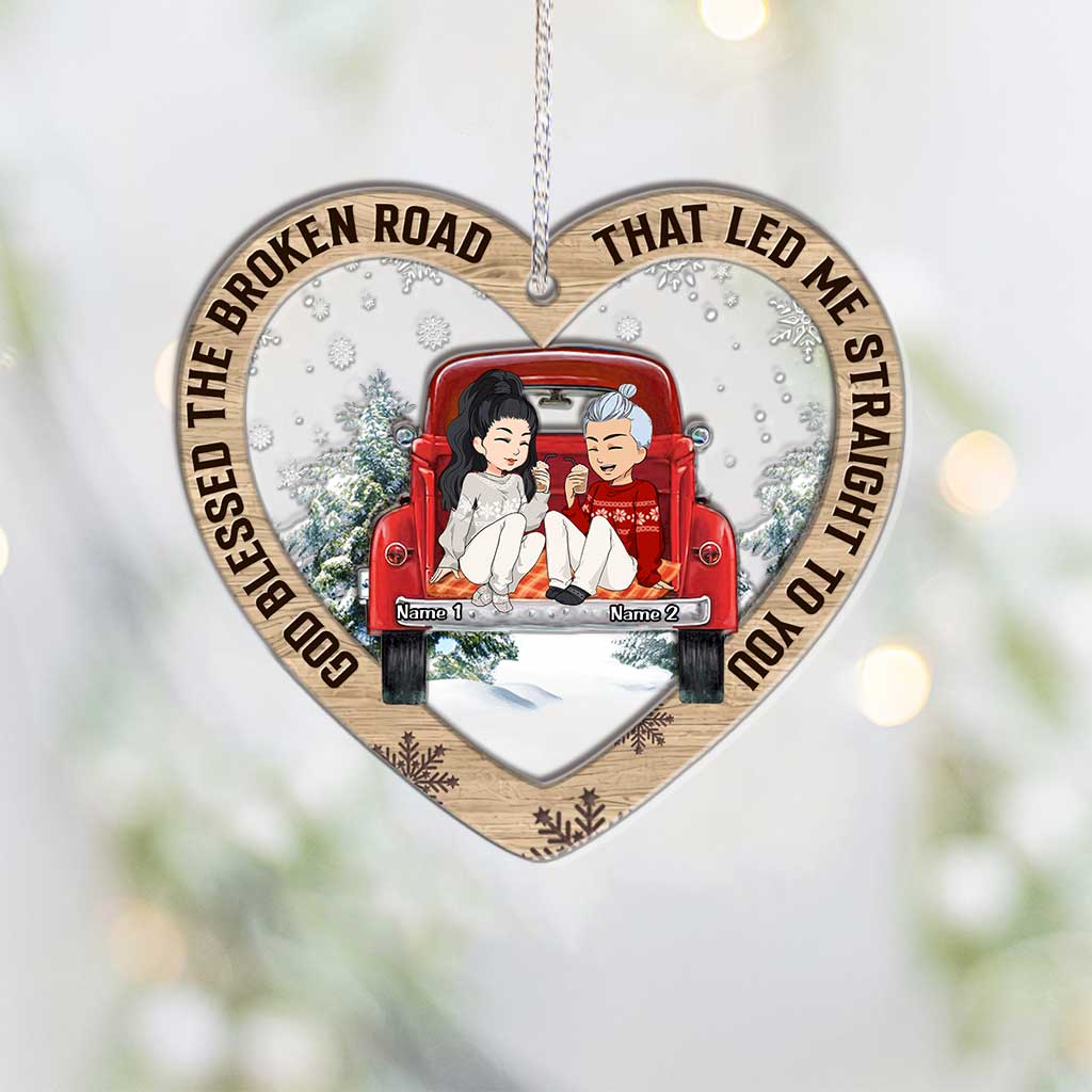 God Blessed The Broken Road - Personalized Christmas Couple Layers Mix Ornament