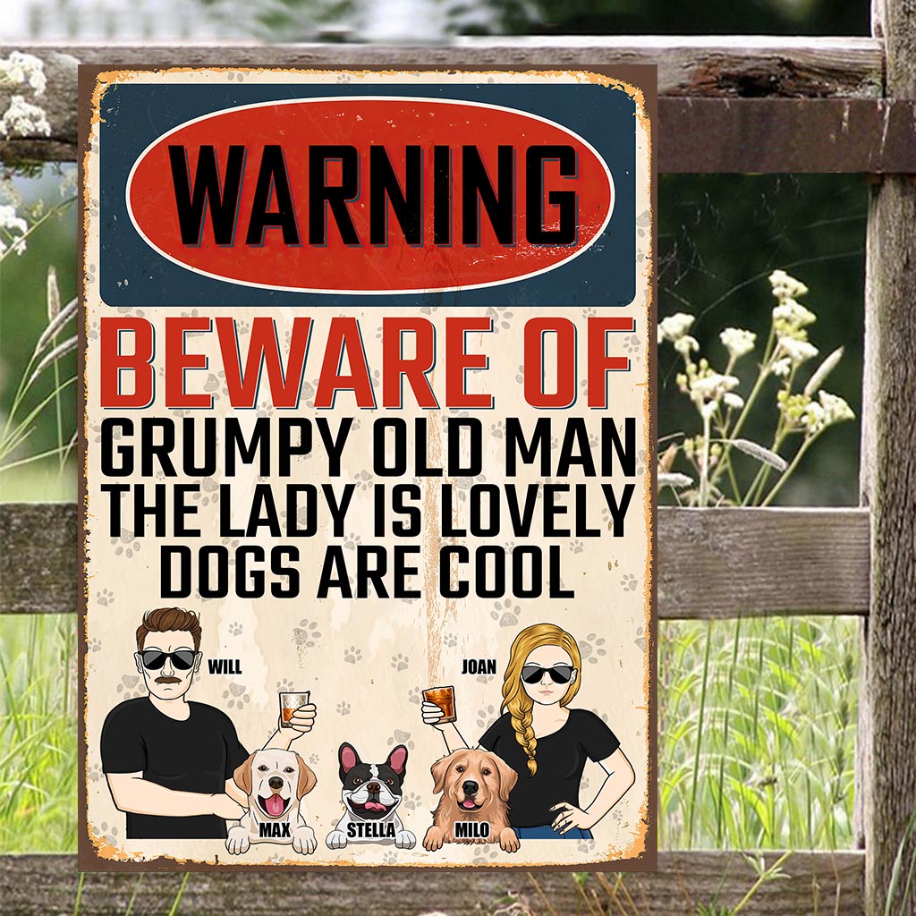 Beware Of Grumpy Old Man Lovely Lady Cool Dogs - Personalized Couple Dog Rectangle Metal Sign