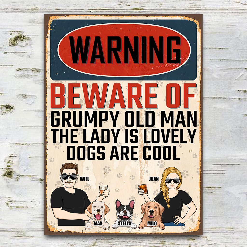 Beware Of Grumpy Old Man Lovely Lady Cool Dogs - Personalized Couple Dog Rectangle Metal Sign