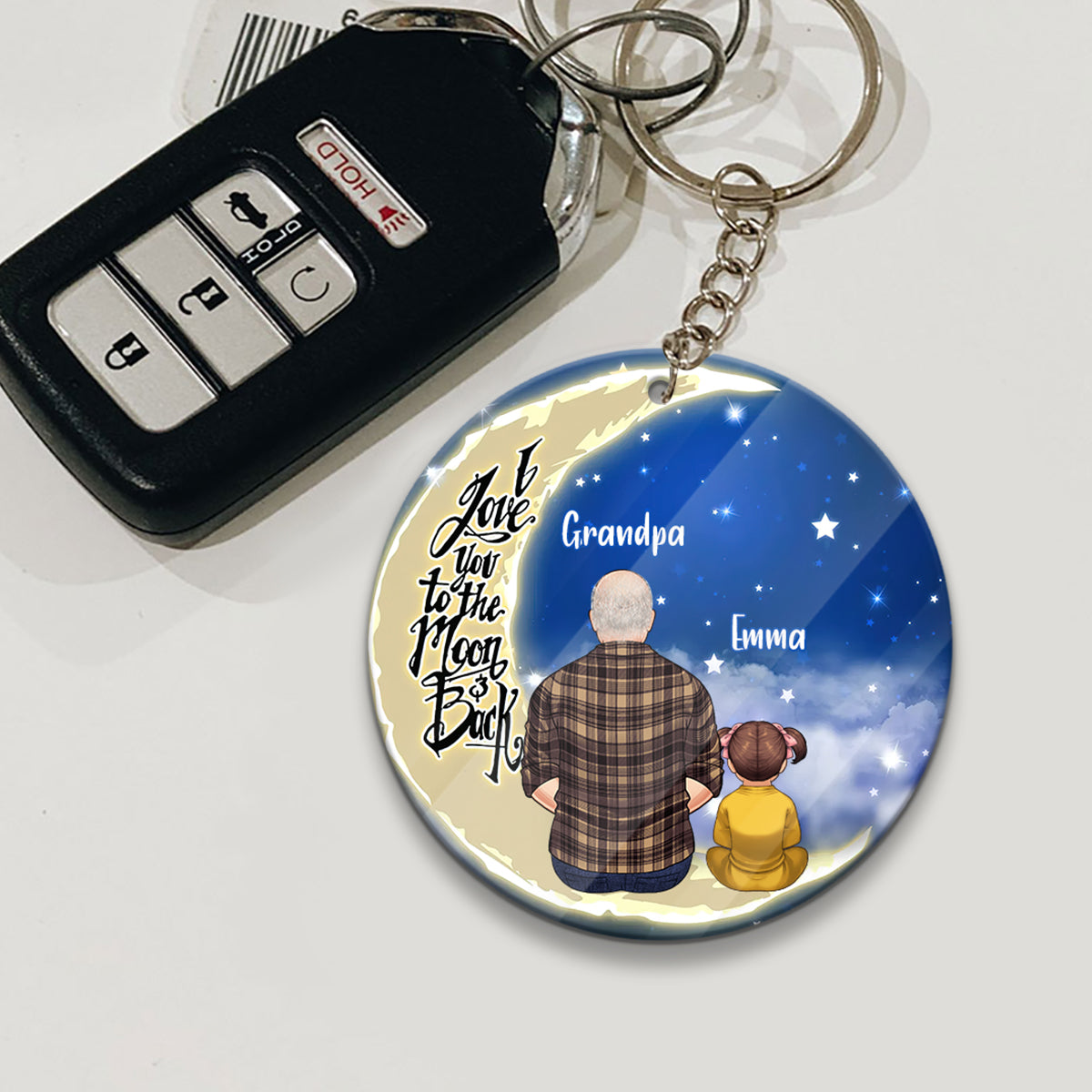 I Love You To The Moon And Back - Personalized Grandpa Keychain (Printed On Both Sides)