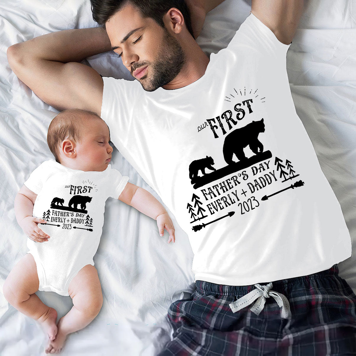 First Father's Day - Personalized Father T-shirt And Baby Onesie