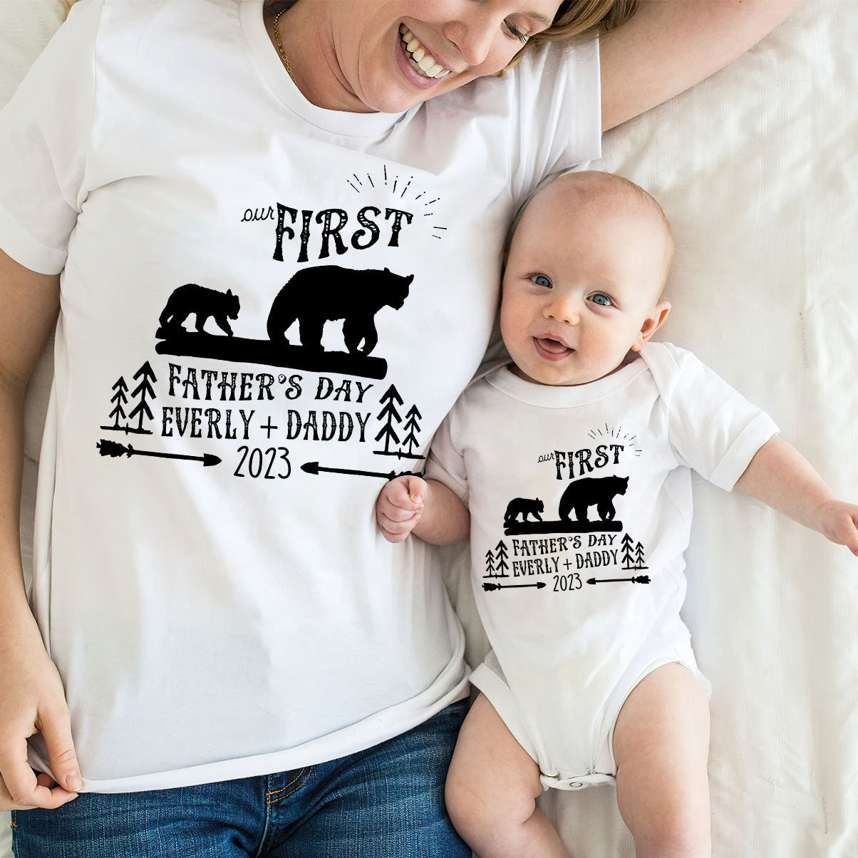 First Father's Day - Personalized Father T-shirt And Baby Onesie