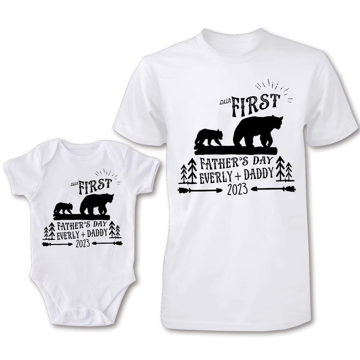 First Father's Day - Personalized Father T-shirt And Baby Onesie