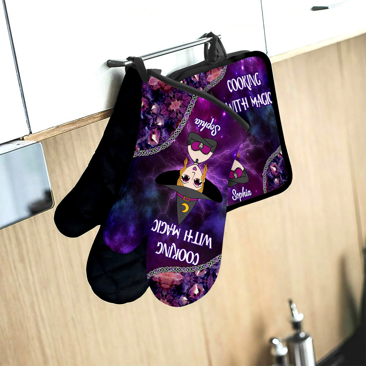 Cooking With Magic - Personalized Witch Oven Mitts And Pot Holder Set