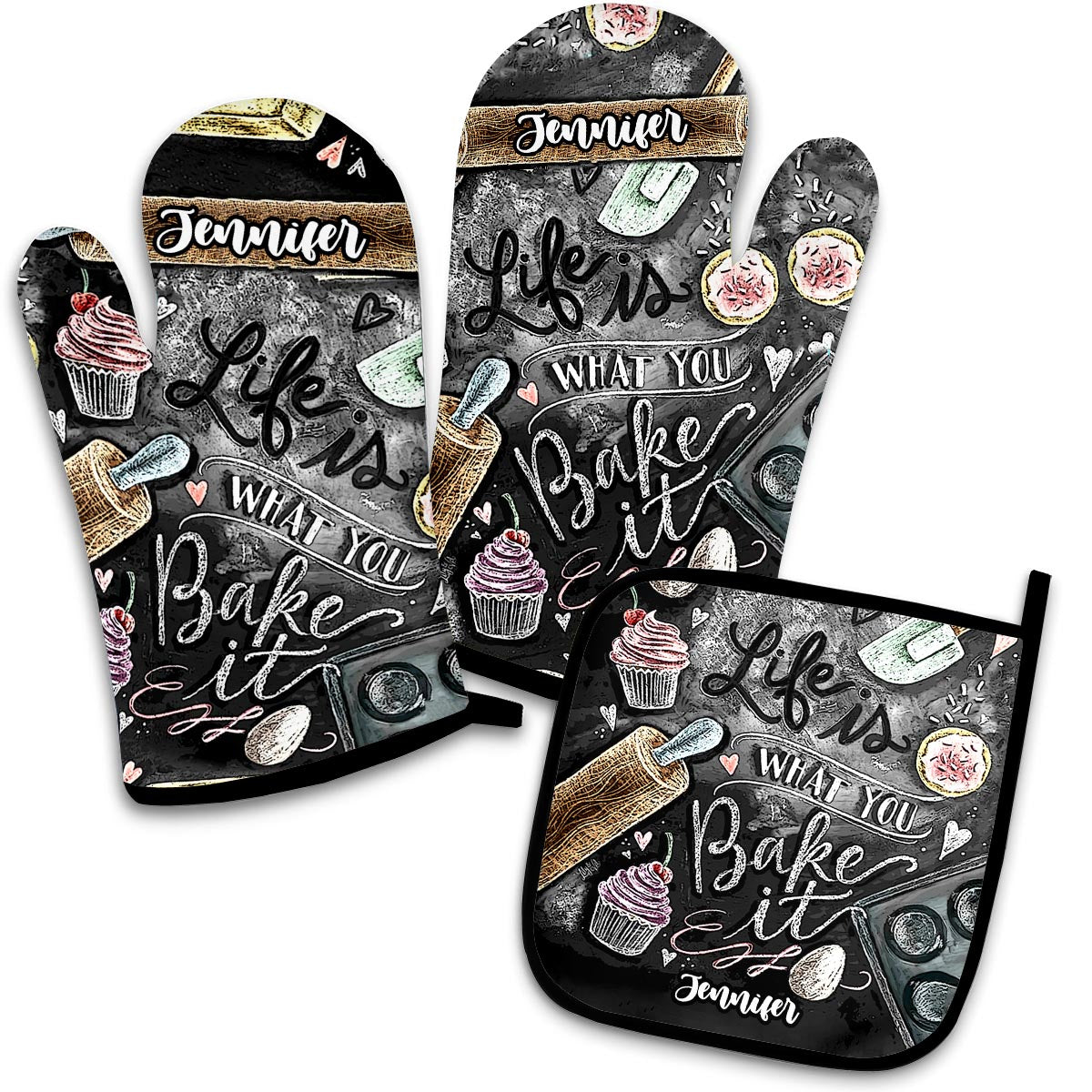 Life Is What You Bake It - Personalized Baking Oven Mitts & Pot Holder Set