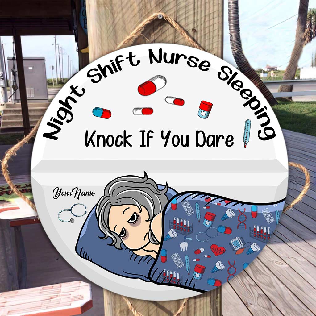 Night Shift Nurse Sleeping - Personalized Round Wood Sign