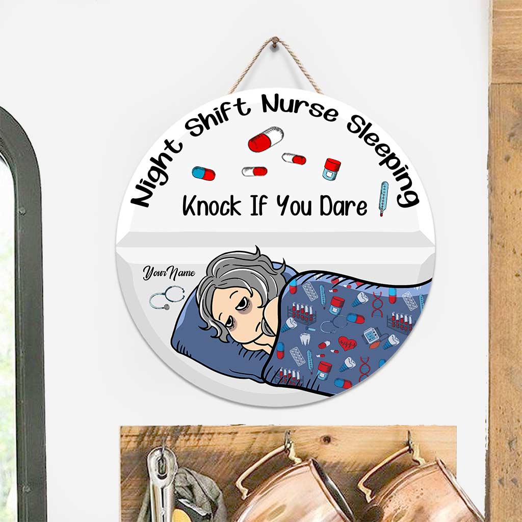 Night Shift Nurse Sleeping - Personalized Round Wood Sign