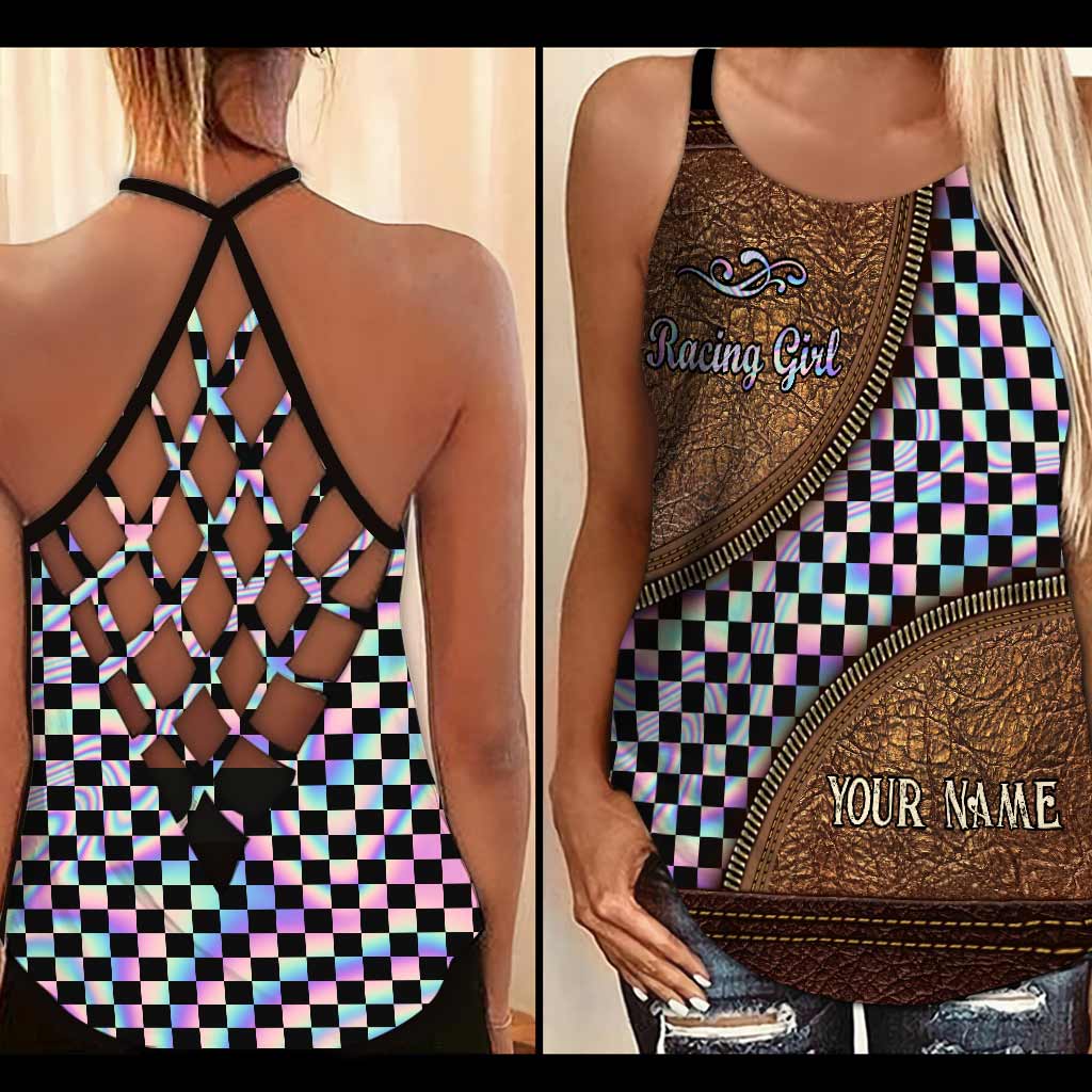 Discover Racing Girl Personalized Leather Pattern Print Cross Tank Top