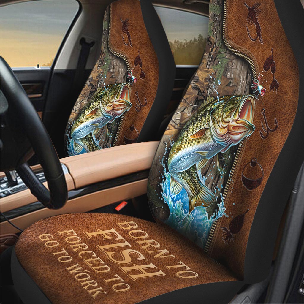 Born To Fish Forced To Go To Work - Fishing Seat Covers With Leather Pattern Print