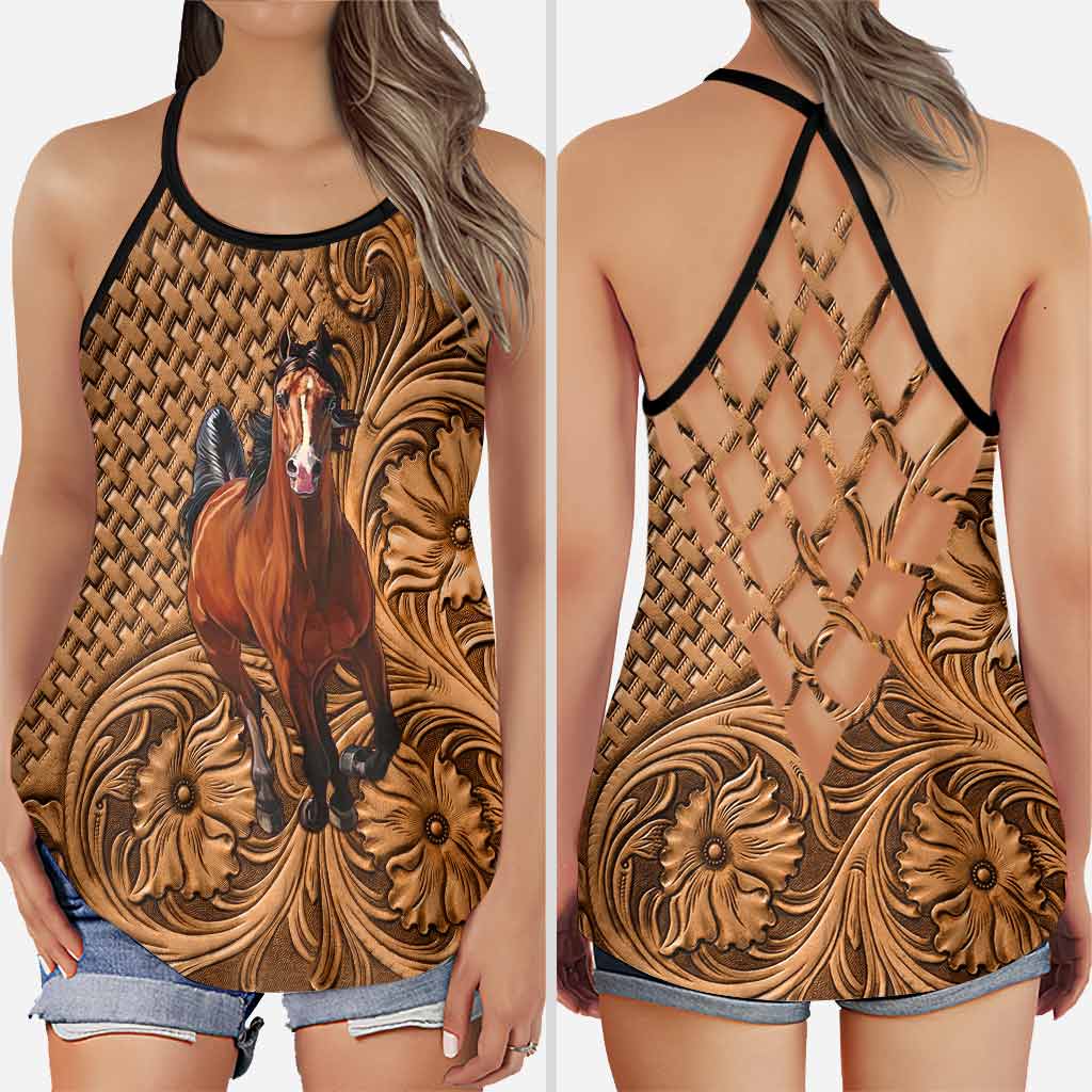Discover Love Horses Leather Pattern Print Cross Tank Top