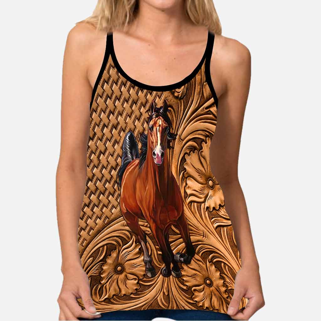 Disover Love Horses Leather Pattern Print Cross Tank Top