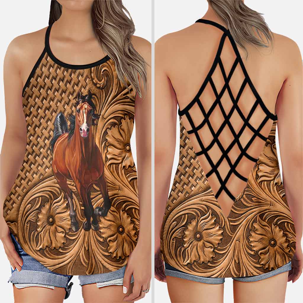 Discover Love Horses Leather Pattern Print Cross Tank Top