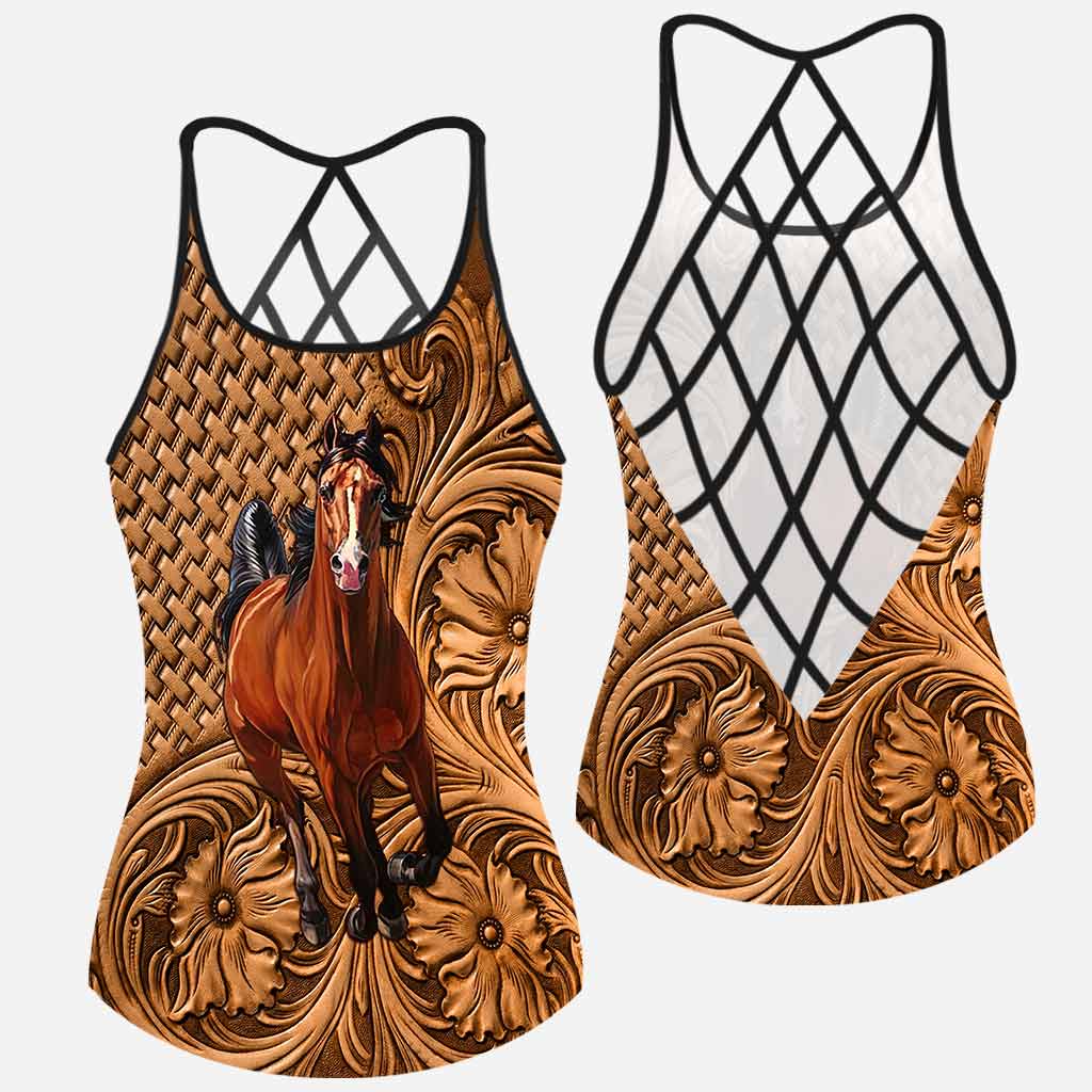 Discover Love Horses Leather Pattern Print Cross Tank Top